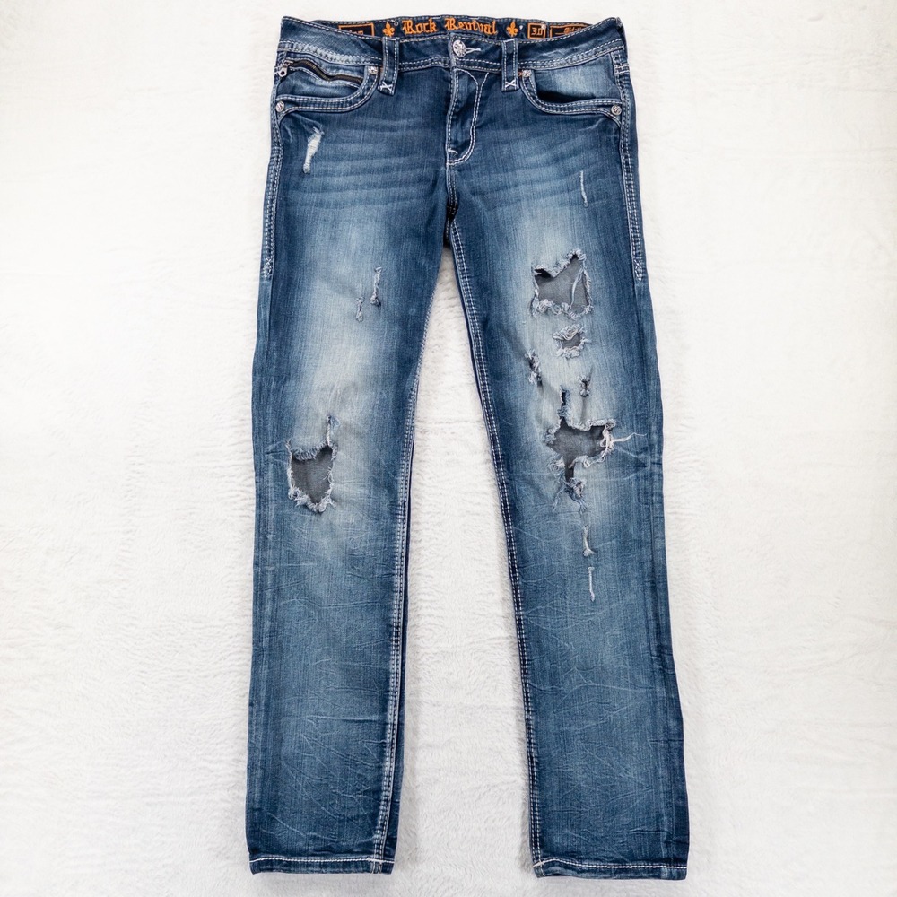 Rock Revival Jeans Womens 30 Blue Straight Leg Distressed Ripped Thick Stitch